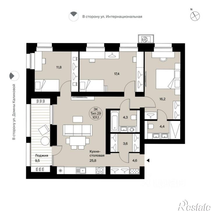 3-комн квартира в новом доме ул Домны Каликовой, 51,  д. 51