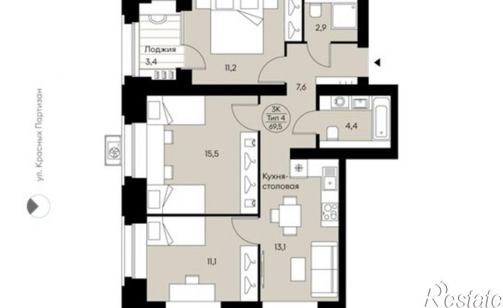 3-комн квартира в новом доме ул Крутая, 2,  д. 2