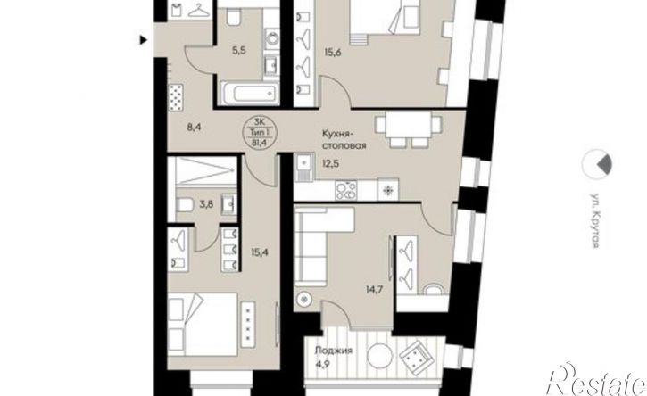 3-комн квартира в новом доме ул Крутая, 2,  д. 2