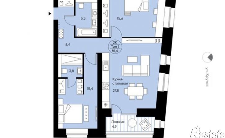 3-комн квартира в новом доме ул Крутая, 2,  д. 2